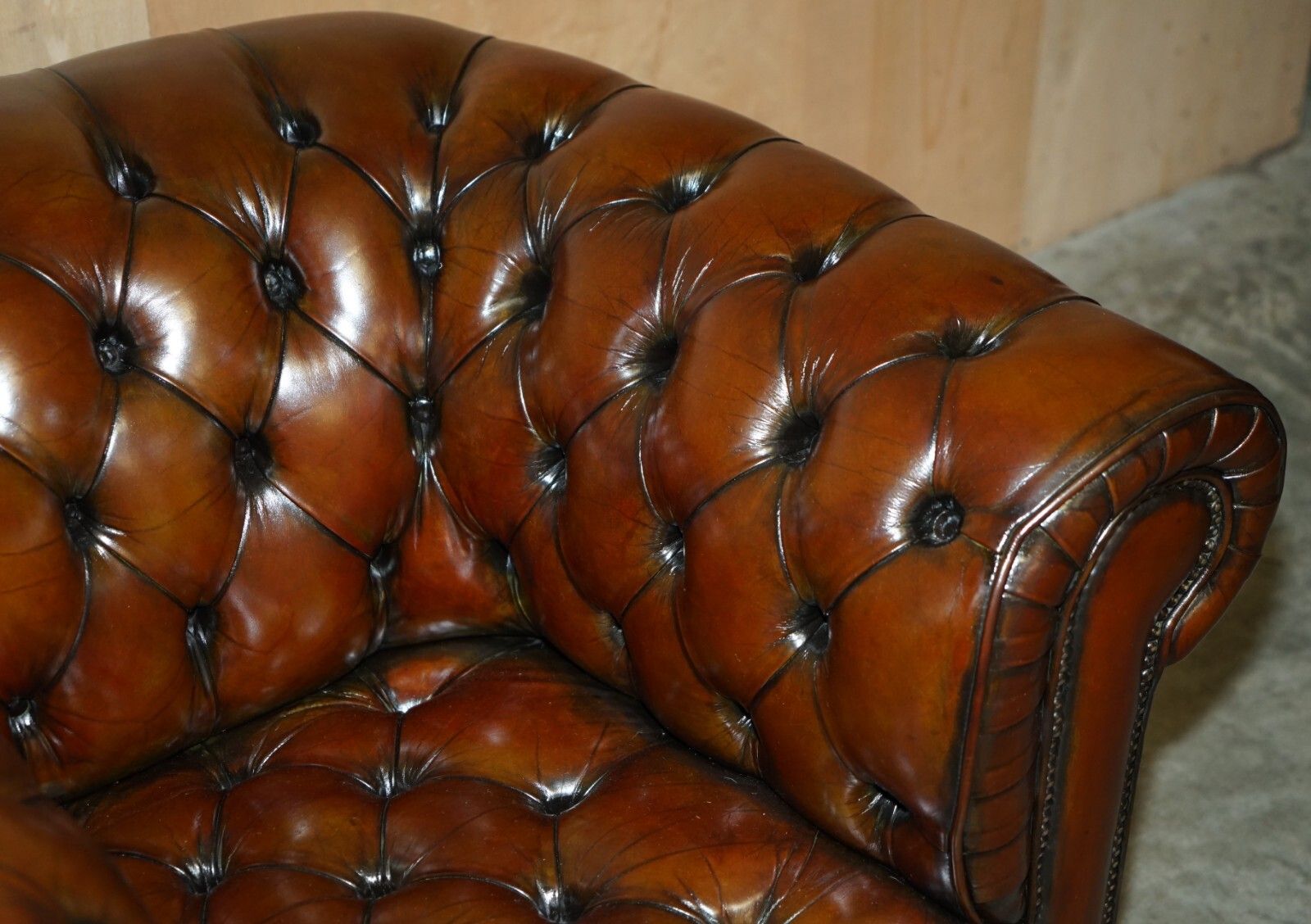 photo for sale Pair Of Vintage Art Deco Restored Brown Leather Chesterfield Tufted Armchairs