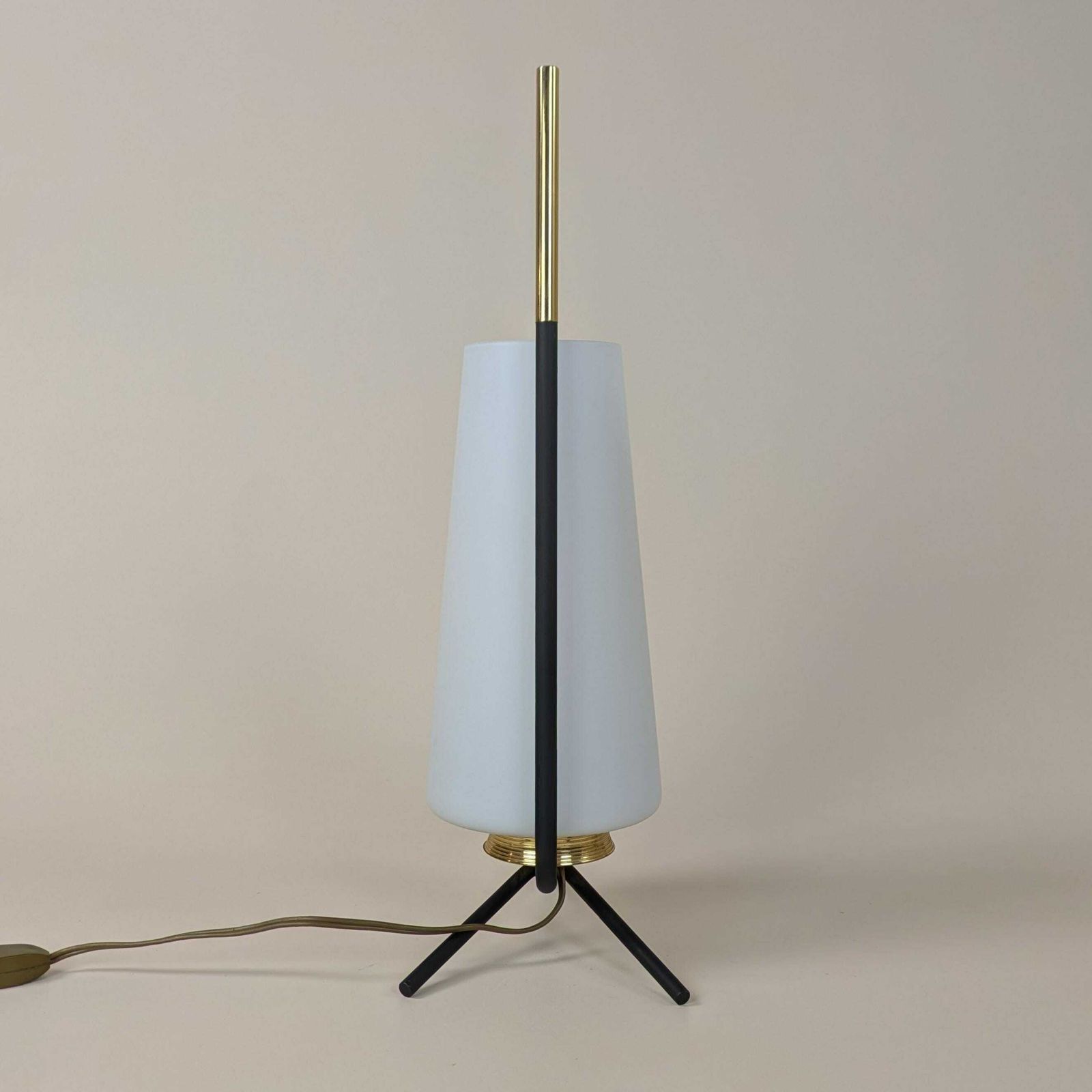 photo furniture Vintage Italian Tripod Lamp, 1950s Glass And Brass Table Lamp, Original Home Lighting, Eclectic Interior Design