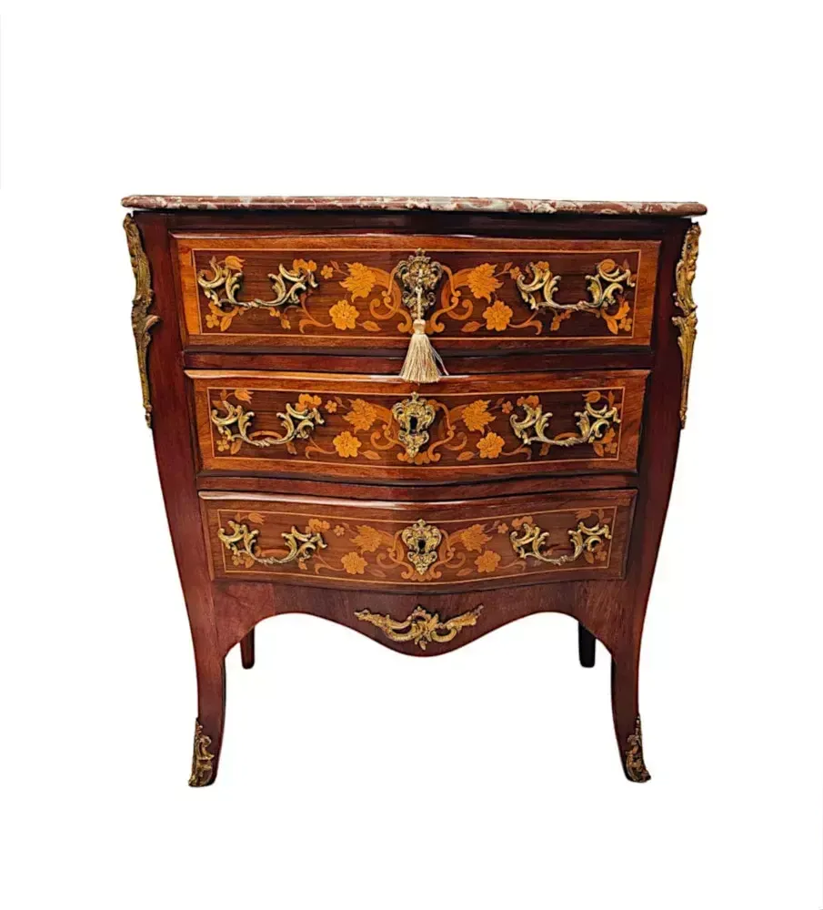 A Stunning Late 19th Century Marquetry Inlaid Marble Top Chest Of Drawers photo 2447.2972