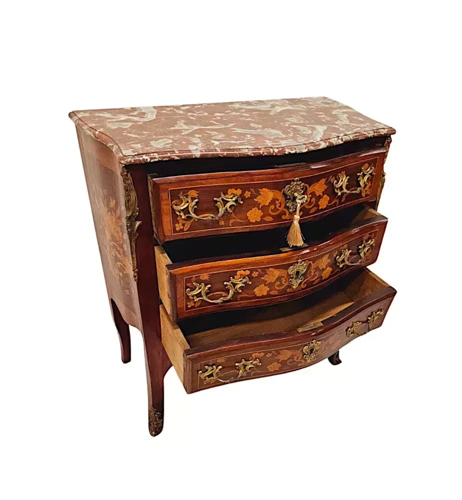 A Stunning Late 19th Century Marquetry Inlaid Marble Top Chest Of Drawers photo vintage