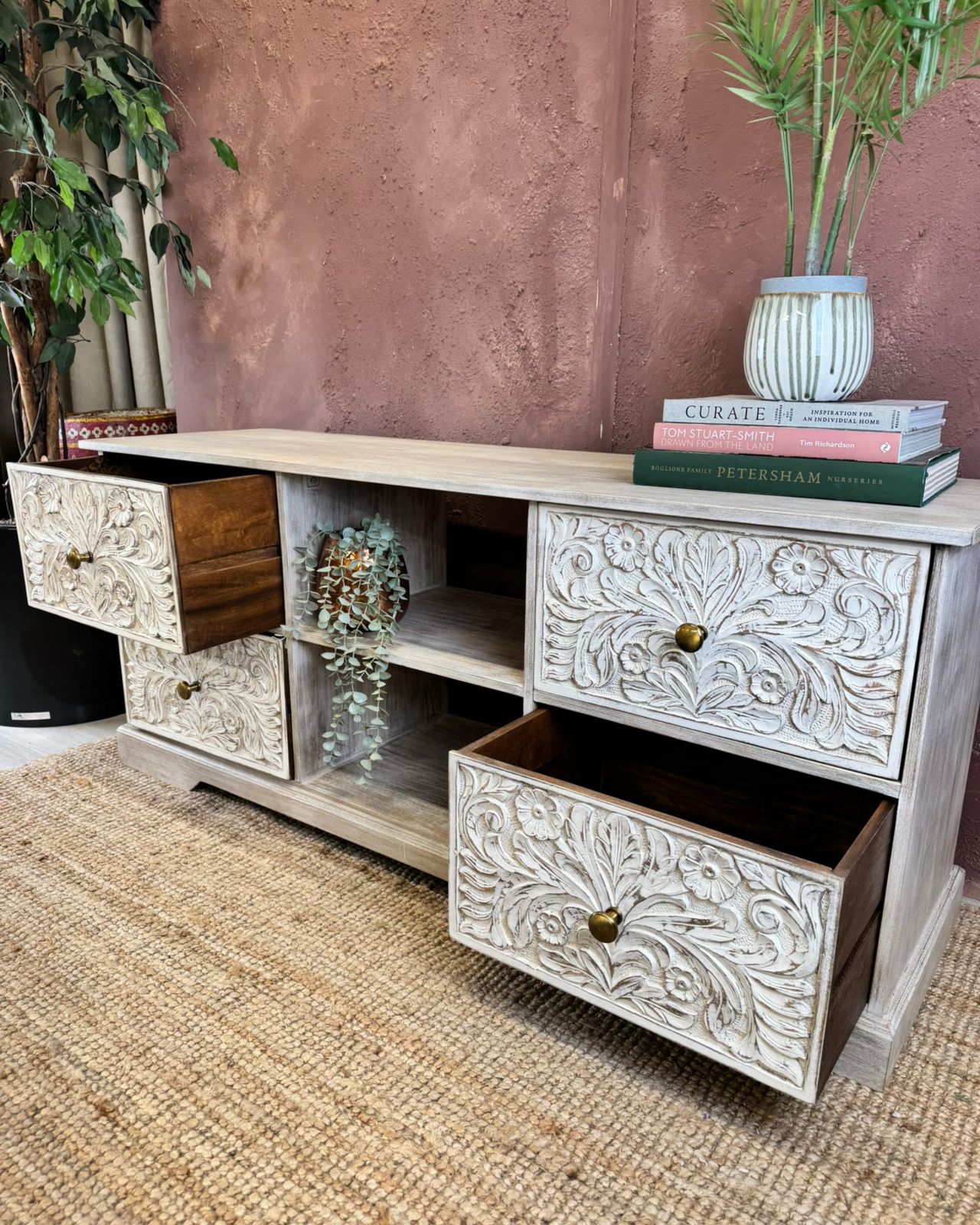 Hand Carved Mango Wood 4 Drawer Tv/Media Sideboard With Floral Design photo Furniture