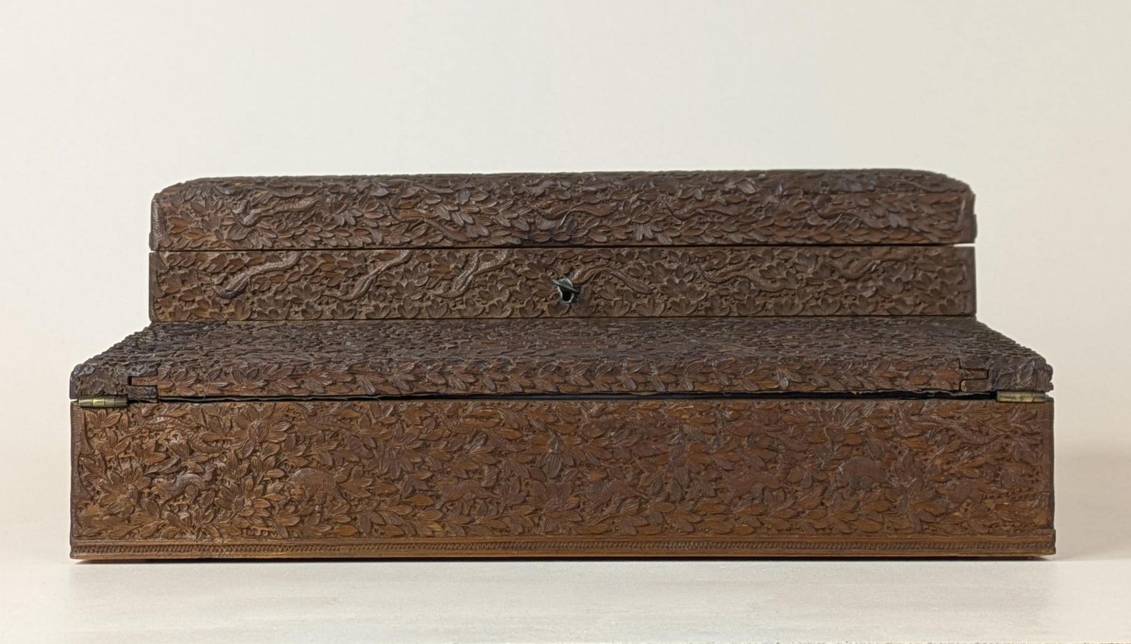 Antique Anglo Indian Bombay Intricately Carved Sandalwood Writing Slope Box 19th Century India photo for sale