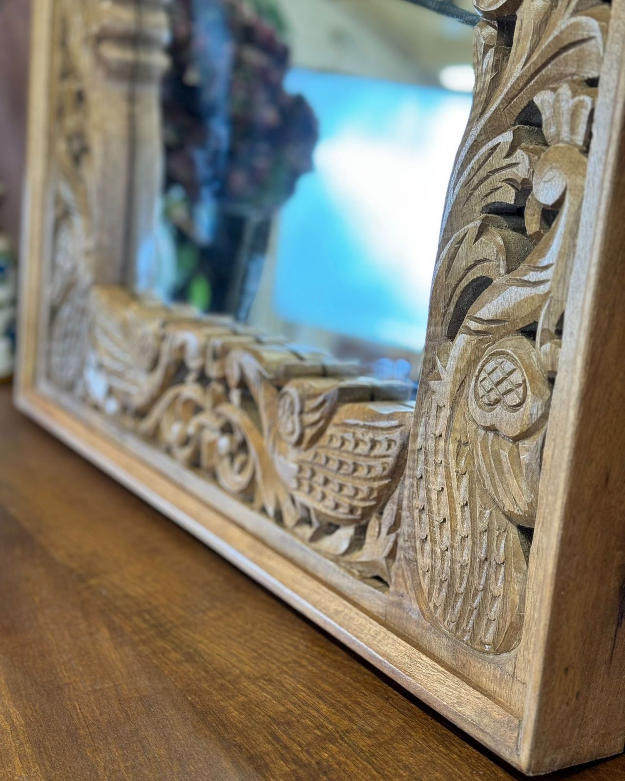 Hand Carved Mango Wood Mirror With Peacock And Floral Motifs photo furniture