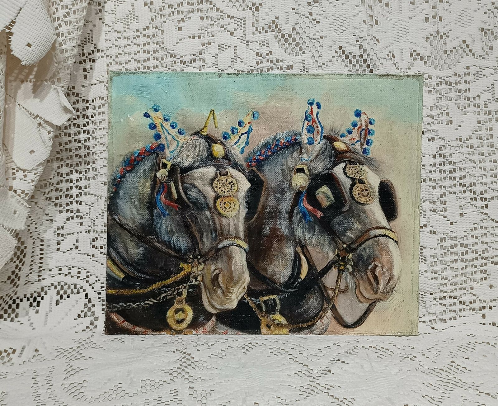 Unframed Oil Painting Pair Of Greys ,Shire Horses Artist Signed On Back. photo for sale