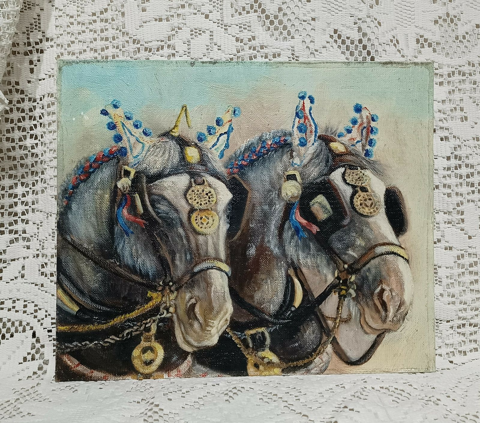 Unframed Oil Painting Pair Of Greys ,Shire Horses Artist Signed On Back. photo furniture