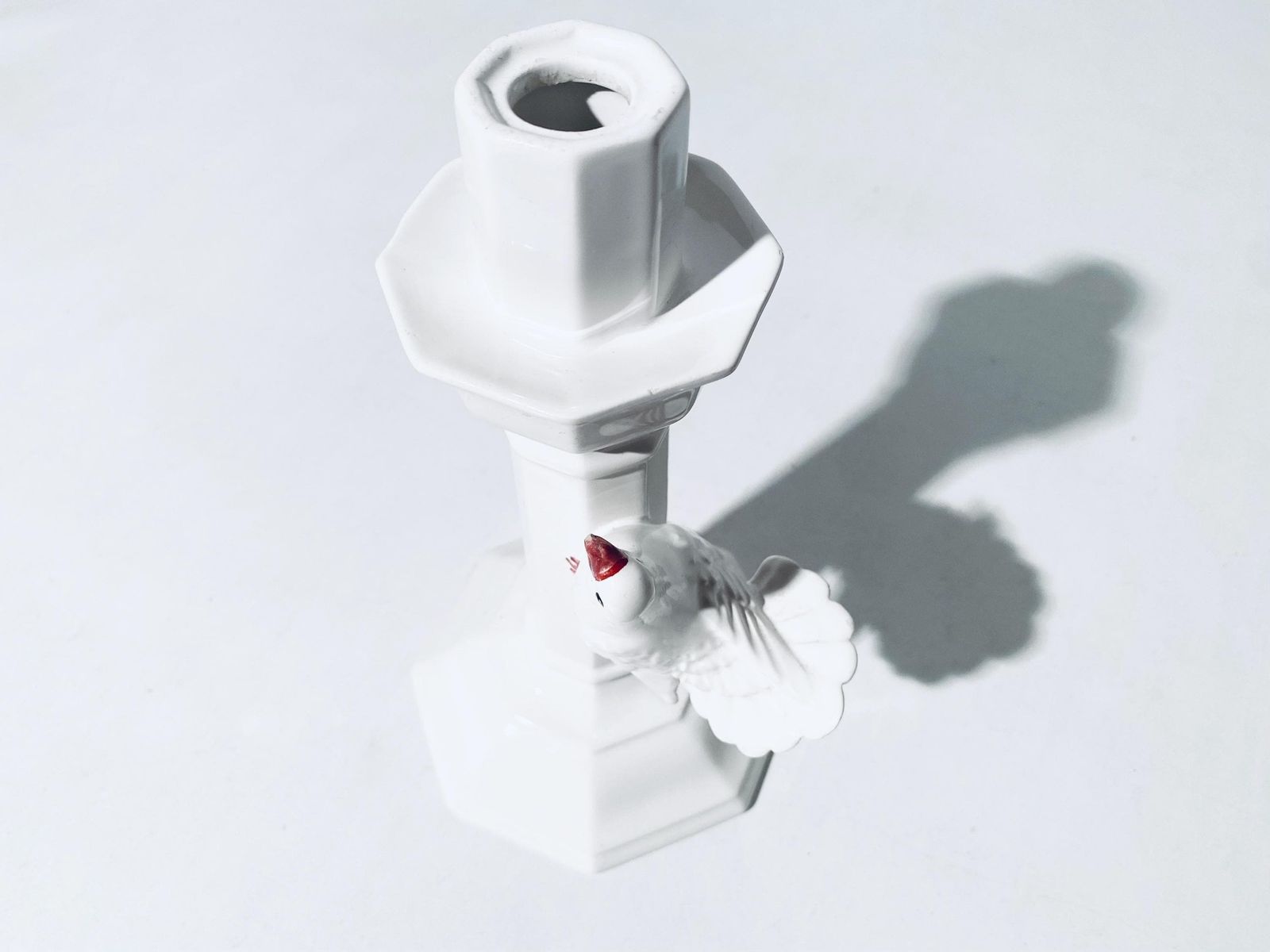 White Ceramic Candleholder With Dove Motif / 1950s Italian Home Decor photo vintage