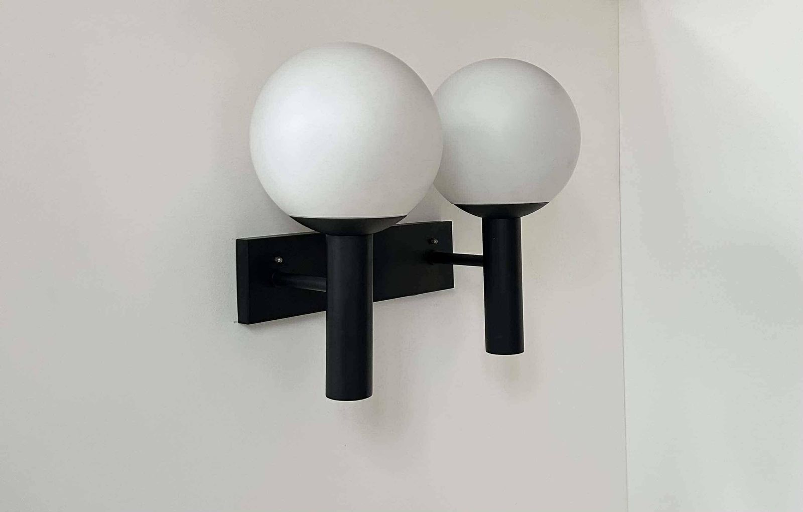 photo for sale Double Wall Lamp In Opaline And Black Lacquered Metal, Raak Netherlands 1960