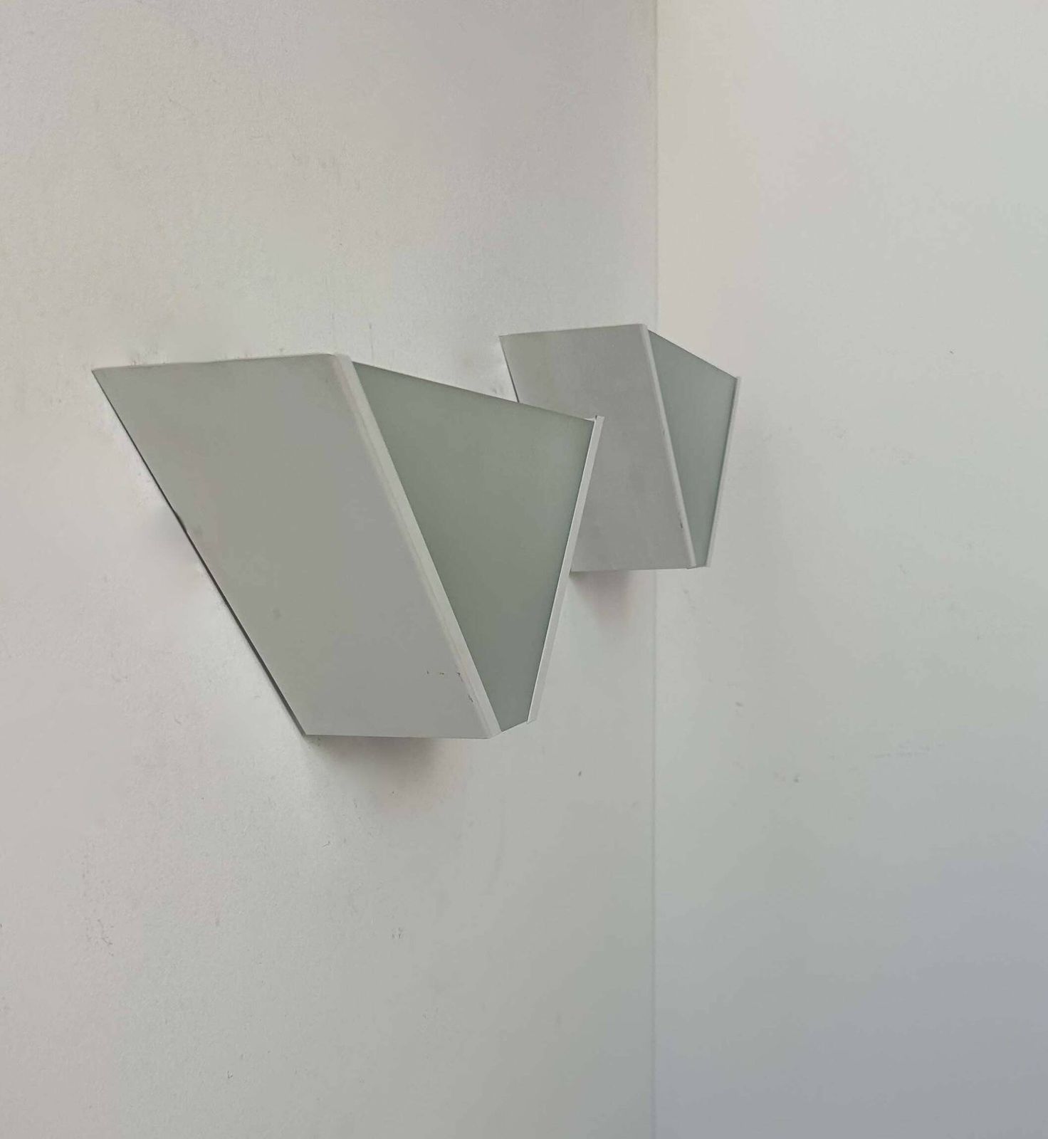 Pair Of Vintage Geometric Wall Lights, Sandblasted Glass And White Metal, Italy 1970 photo vinterior
