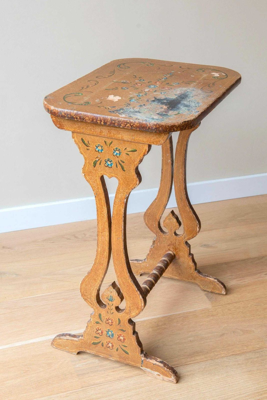 Antique Folk Art Table, Dutch Side Table With Carved Legs, 19th Century, Hand Painted Floral Coffee Table, Folklore Plant Stand photo Furniture