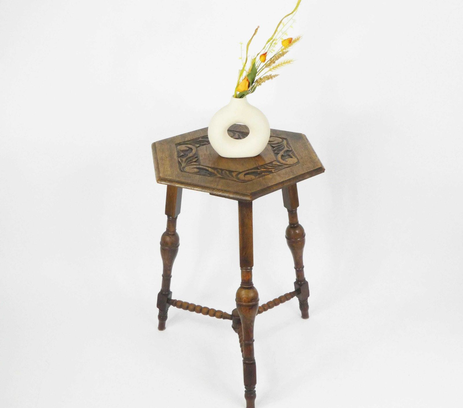 Large Antique Wooden Side Table, Carved Hexagonal Table With Floral Details, Tall Table Farmhouse Decor, Bobbin Table