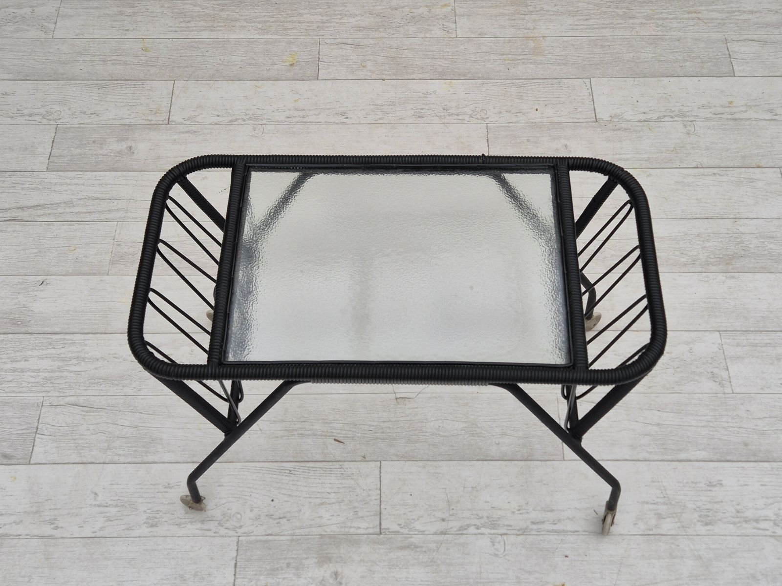 1970s, Scandinavian Side Table, Original Condition, Glass, Wood, Metal, Plastic Rope. photo 350.0