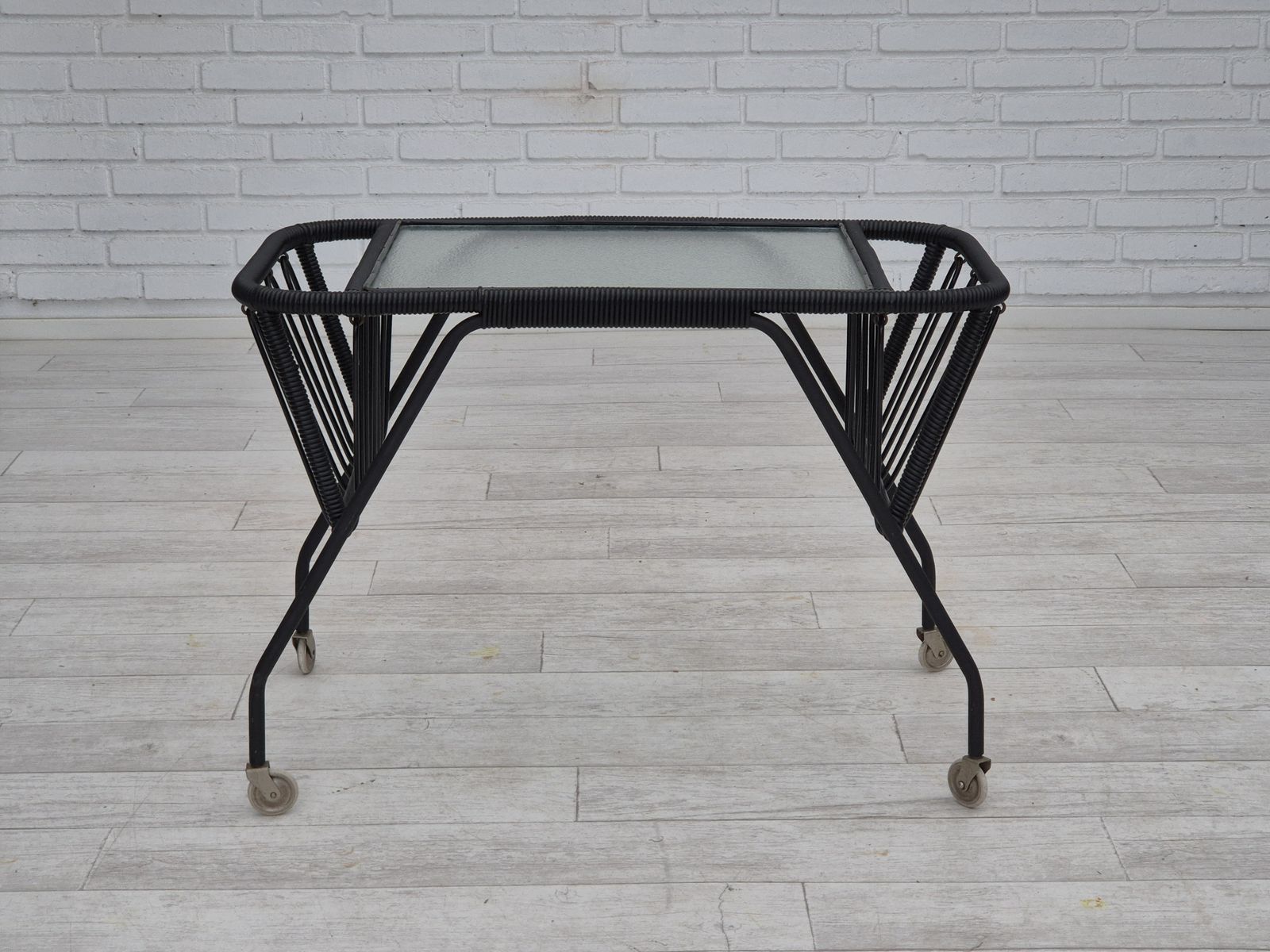 1970s, Scandinavian Side Table, Original Condition, Glass, Wood, Metal, Plastic Rope. photo buy