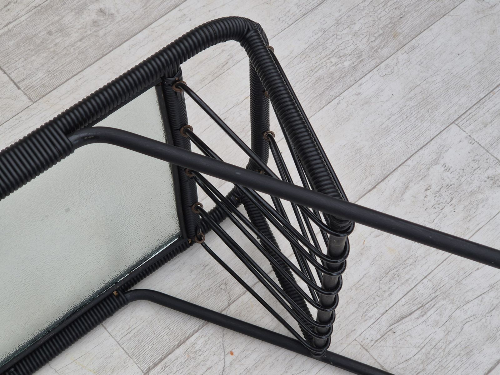 350.0 1970s, Scandinavian Side Table, Original Condition, Glass, Wood, Metal, Plastic Rope. photo