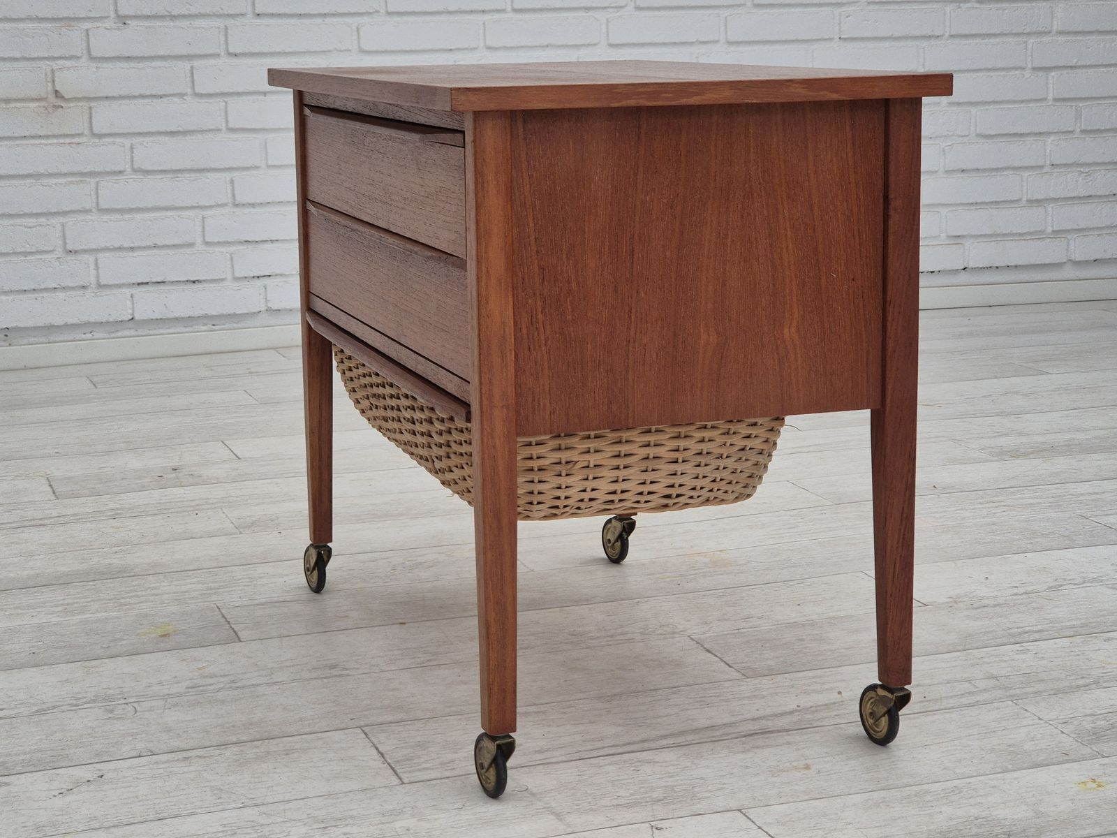 1970s, Danish Side Chest Of Drawers, Teak Wood, Rattan, Brass Wheels, Original Condition. photo furniture