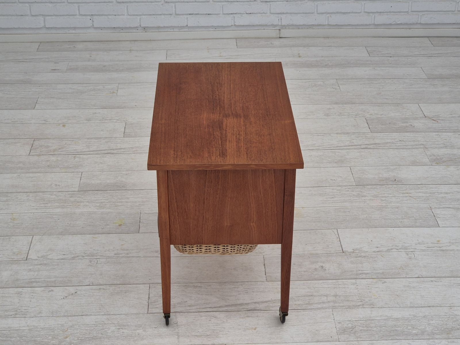 photo furniture 1970s, Danish Side Chest Of Drawers, Teak Wood, Rattan, Brass Wheels, Original Condition.