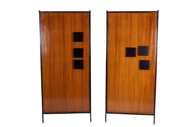 Pair Of Cabinets In Mahogany Veneer And Black Lacquered Iron. 1950s.