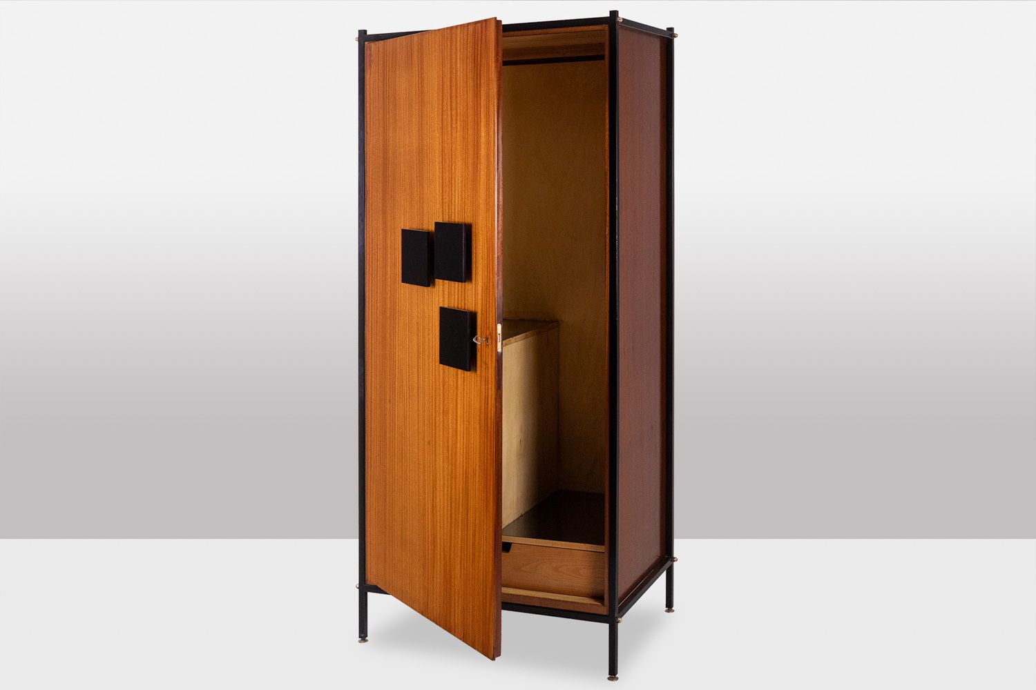 photo for sale Pair Of Cabinets In Mahogany Veneer And Black Lacquered Iron. 1950s.