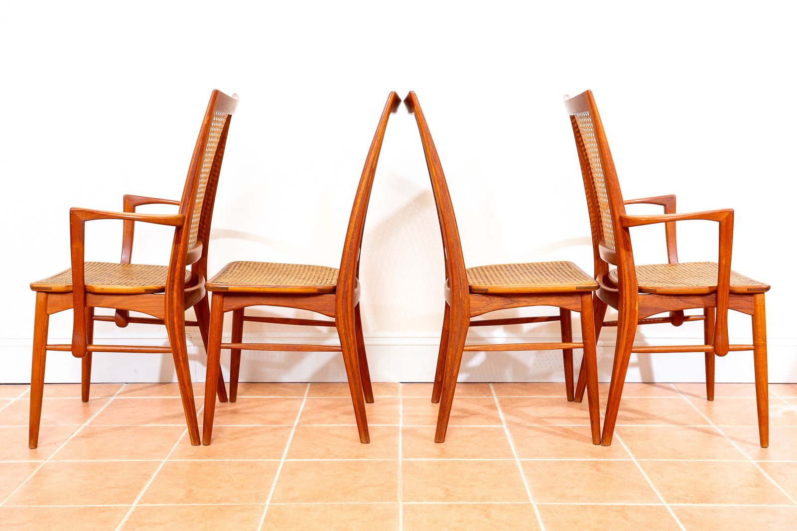Mid Century Danish Dining Chairs By Niels Koefoeds Set Of 4 1960s Teak Two Tone Lis Hornslet Rattan Cane Scandinavian Nordic Japandi Mcm photo for sale