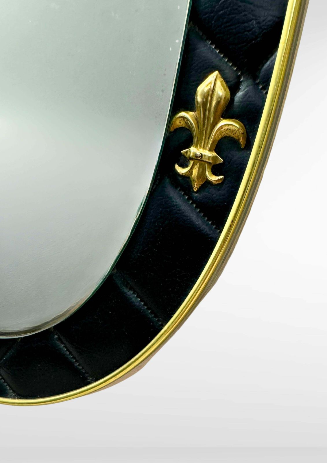 photo furniture Set Of 2 French Oval Wall Mirrors In Leather Frame With Brass Fleur De Lis