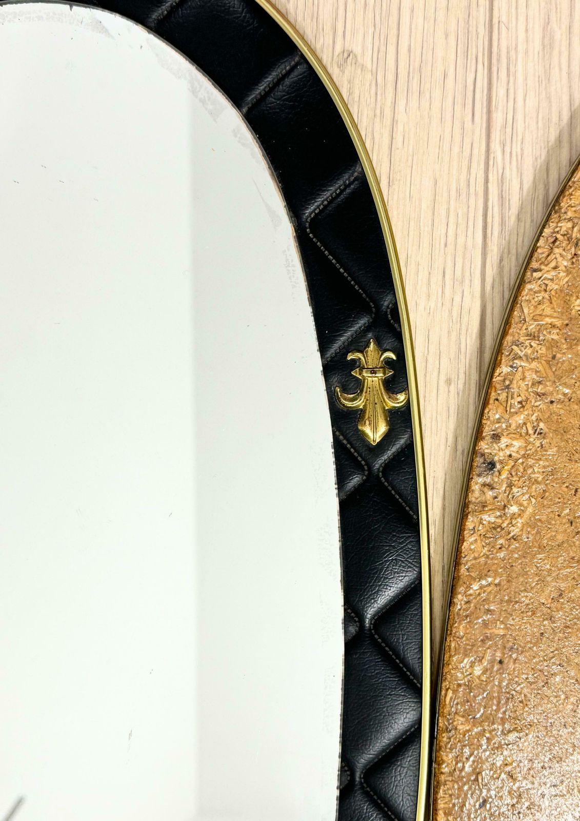 Home Decor Set Of 2 French Oval Wall Mirrors In Leather Frame With Brass Fleur De Lis photo
