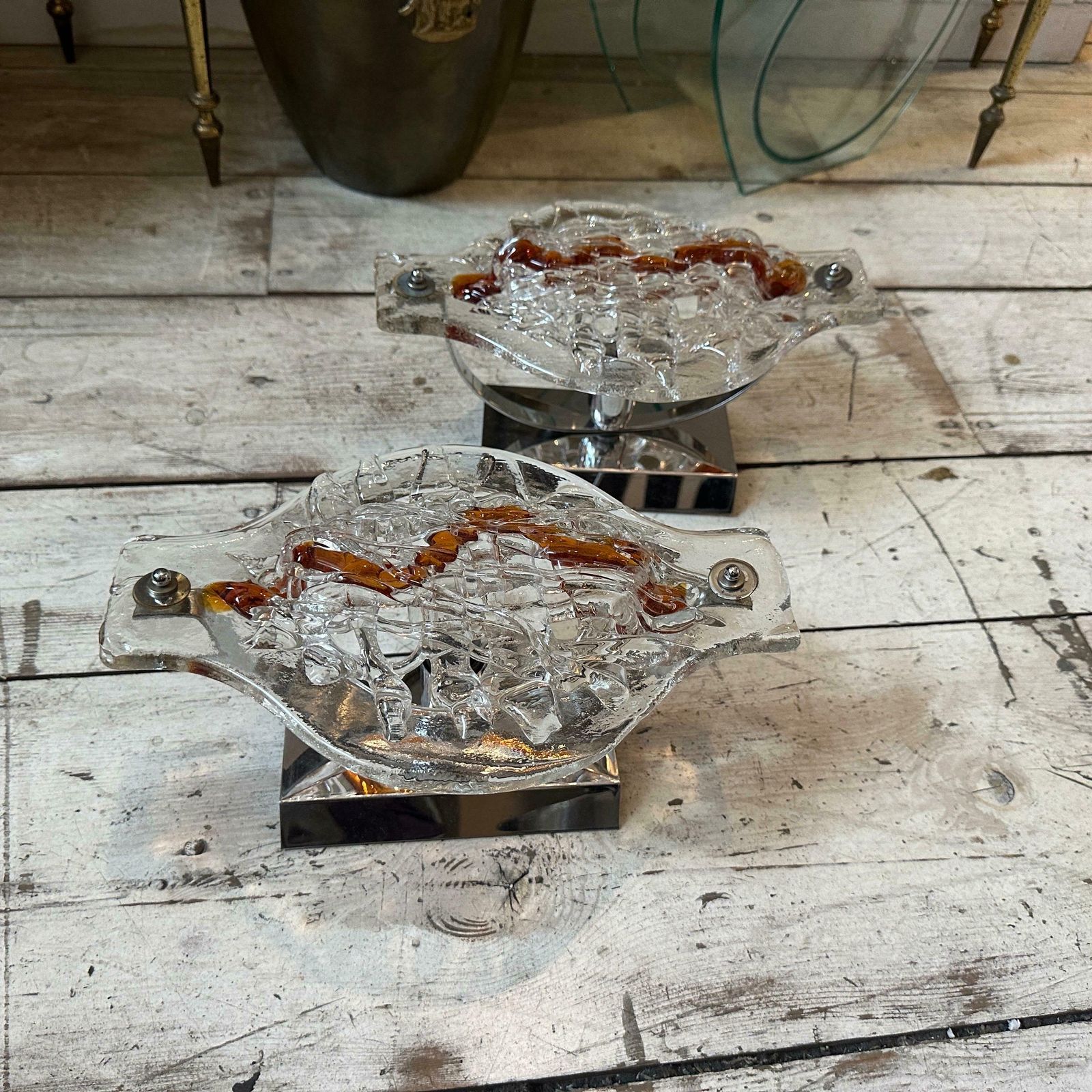 Set Of Two 1970s Space Age Clear And Brown Murano Glass Wall Sconces By Mazzega photo 1275.0