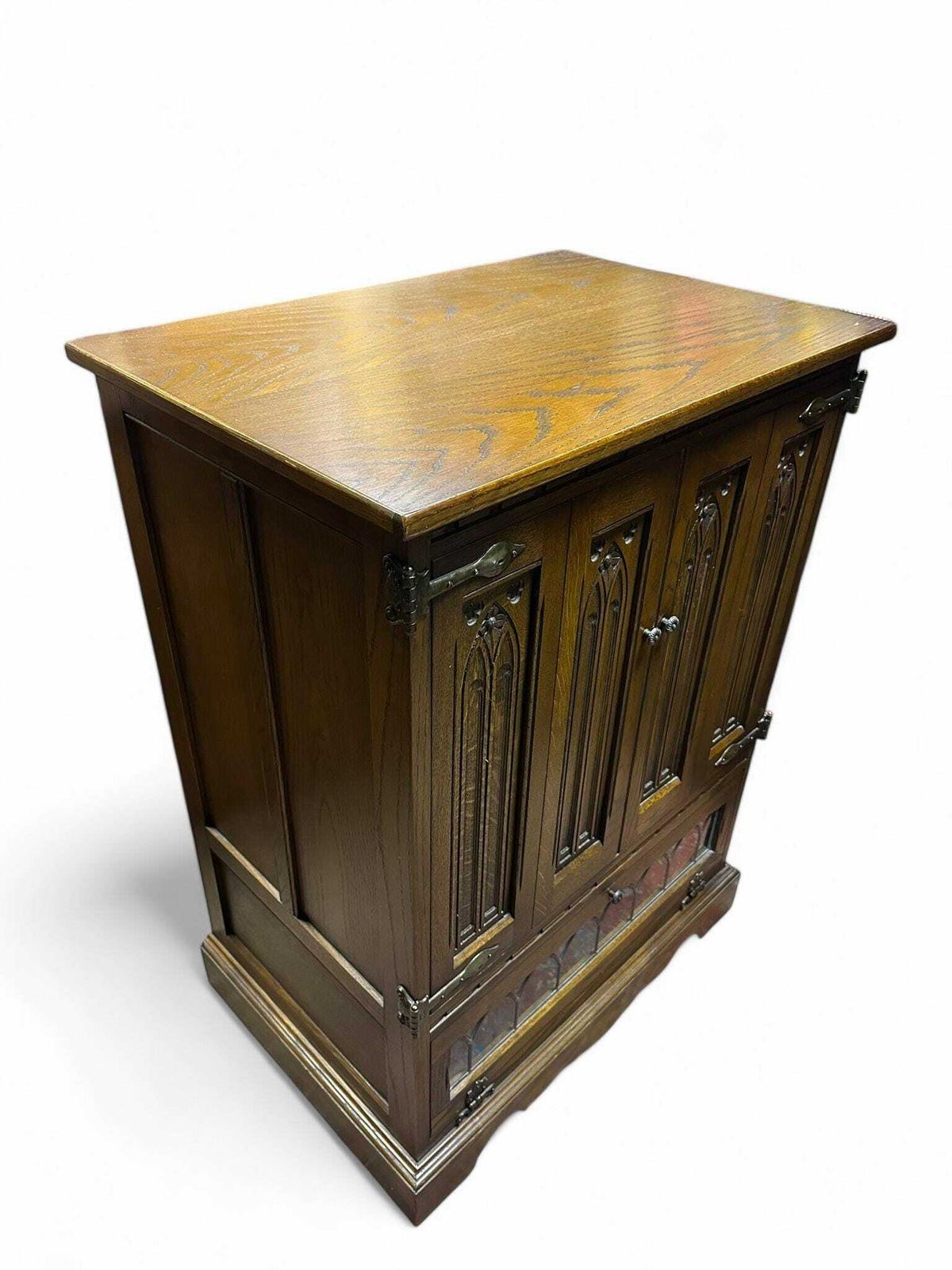 photo furniture Vintage Old Charm Wood Brothers / Oak Tallboy Linen Fold Cabinet Cupboard C1970