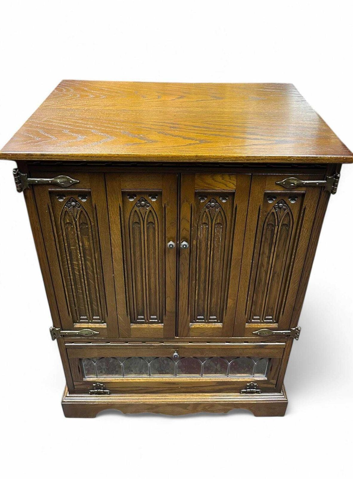 photo for sale Vintage Old Charm Wood Brothers / Oak Tallboy Linen Fold Cabinet Cupboard C1970
