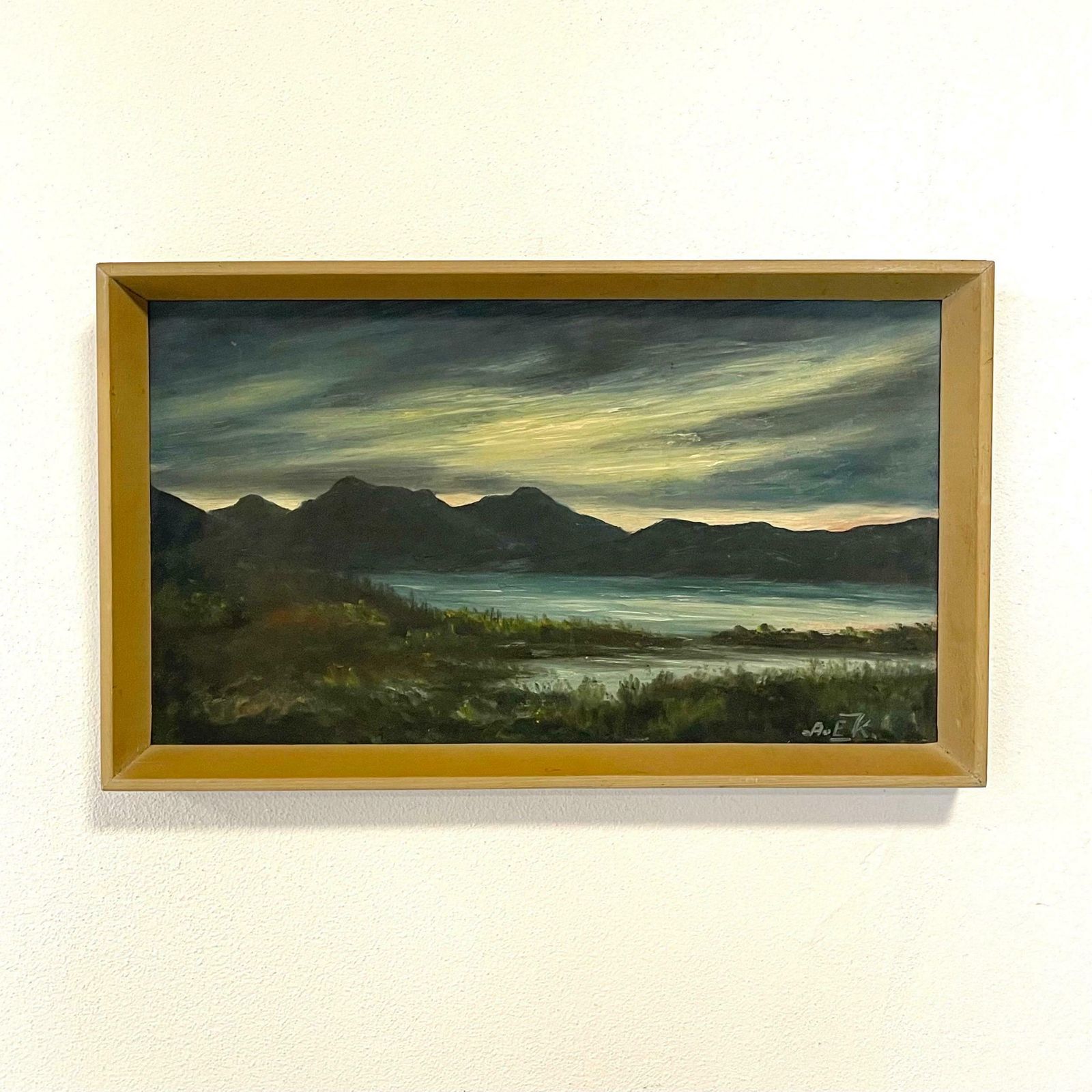 Original Danish Vintage Mid Century Landscape Painting With Motive Of Shoreline With Mountains And Gloomy Skies In Solid Wooden Frame