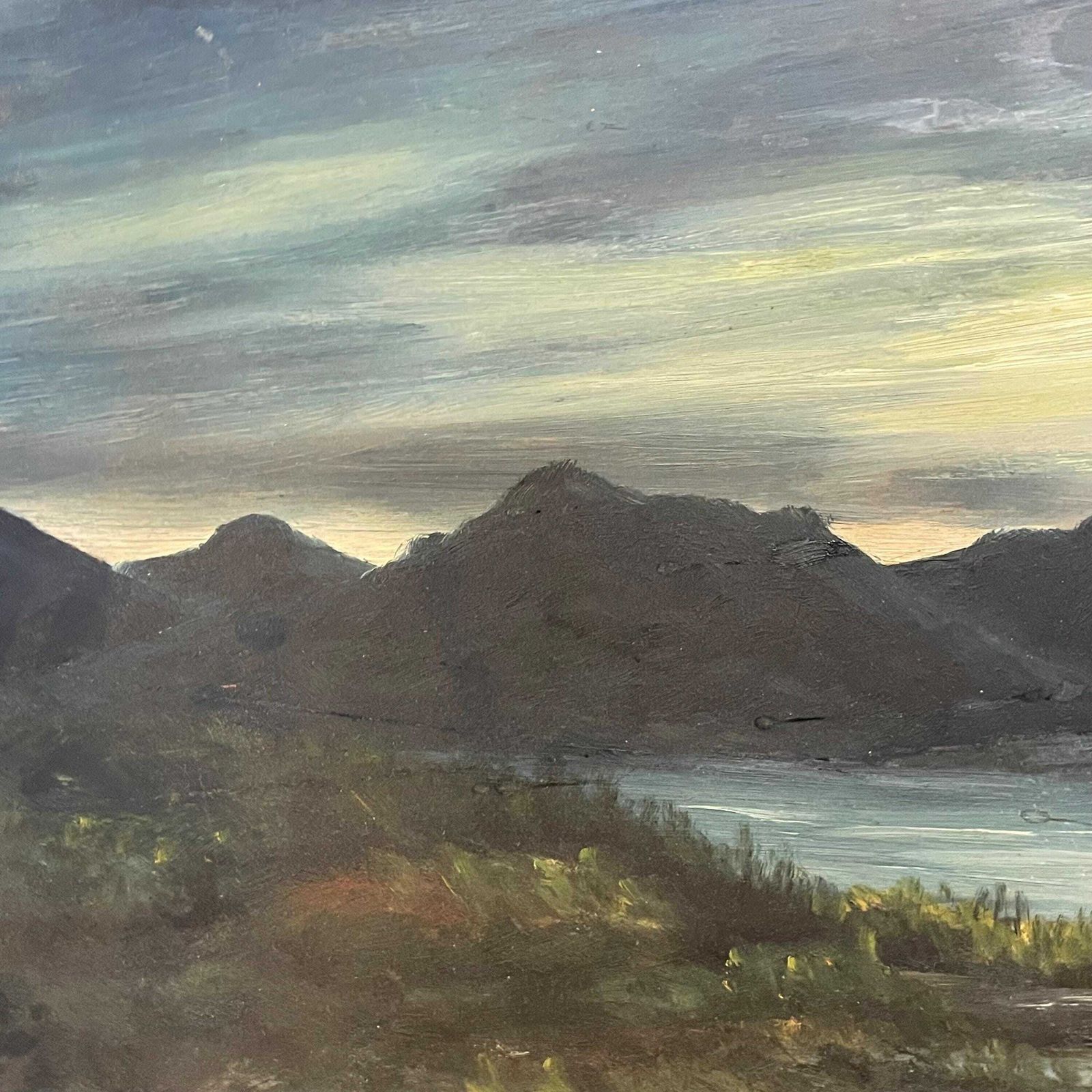 Original Danish Vintage Mid Century Landscape Painting With Motive Of Shoreline With Mountains And Gloomy Skies In Solid Wooden Frame photo Art