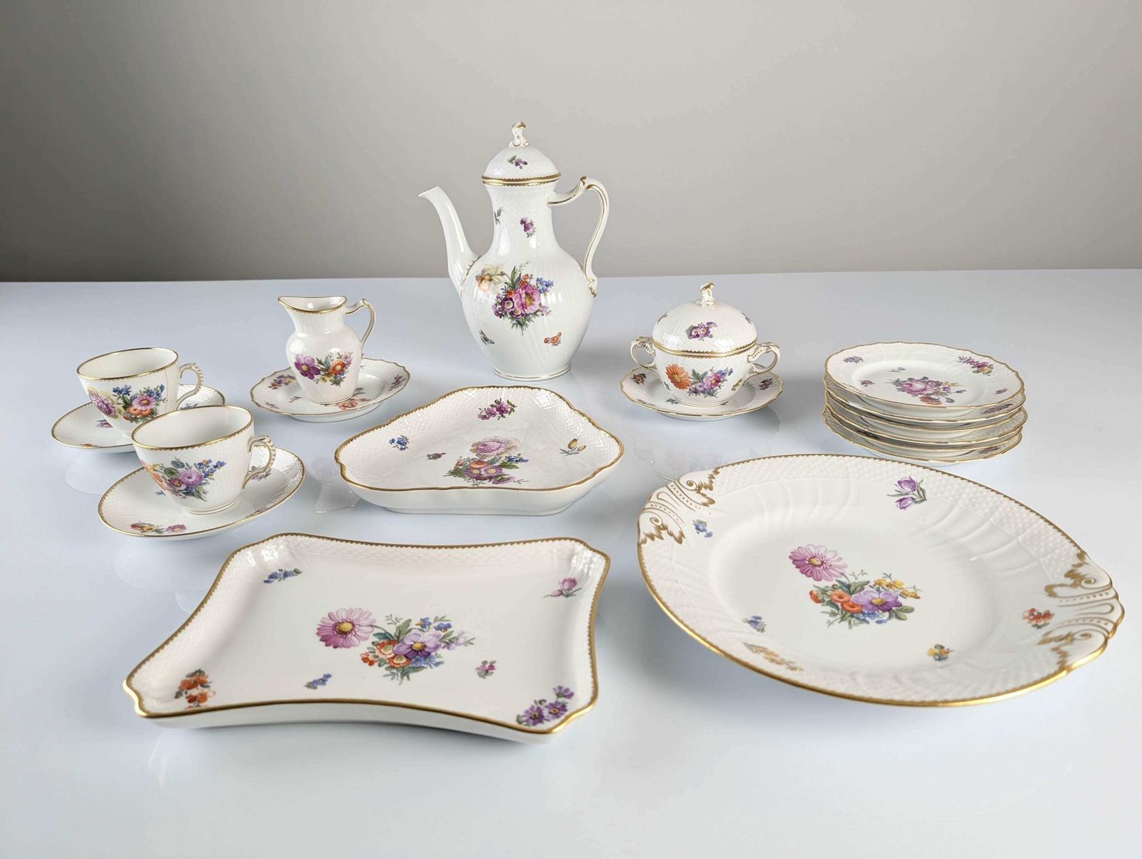 Royal Copenhagen Coffee/Tea Set With Hand Painted Saxony Flowers 1930s