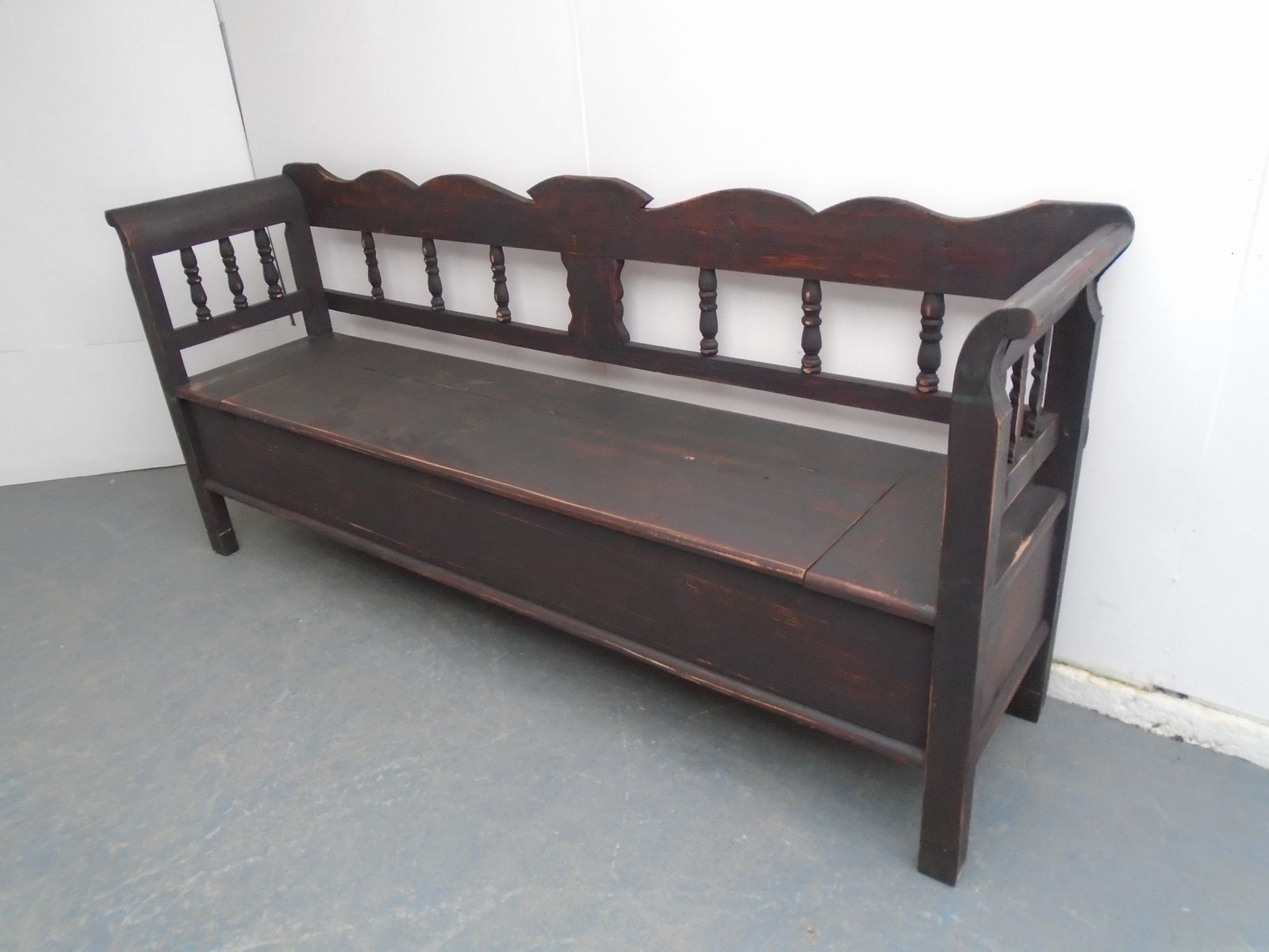 A Black & Red Columned Antique Pine 3 To 4 Seater Bench