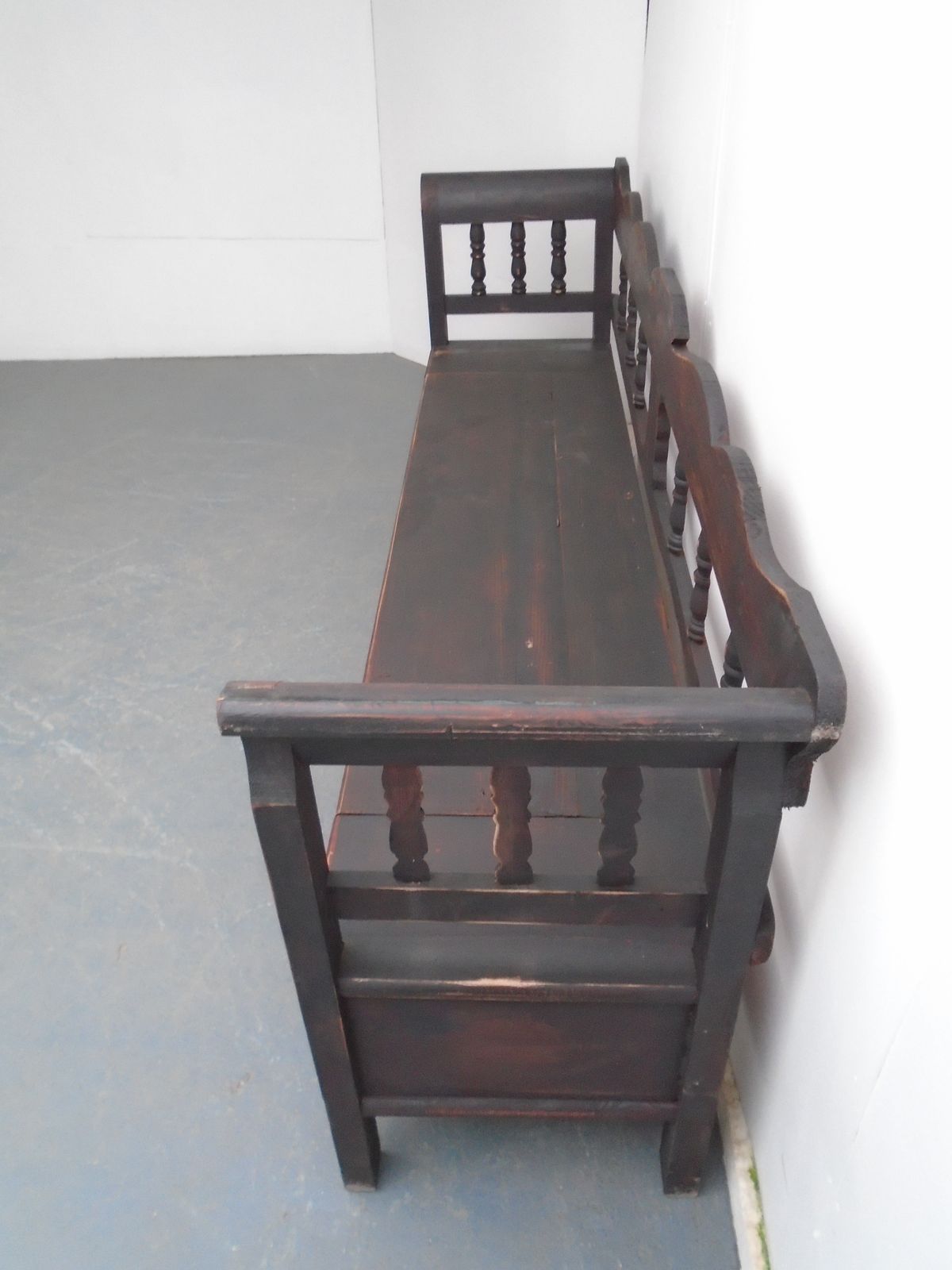 A Black & Red Columned Antique Pine 3 To 4 Seater Bench photo 795.0