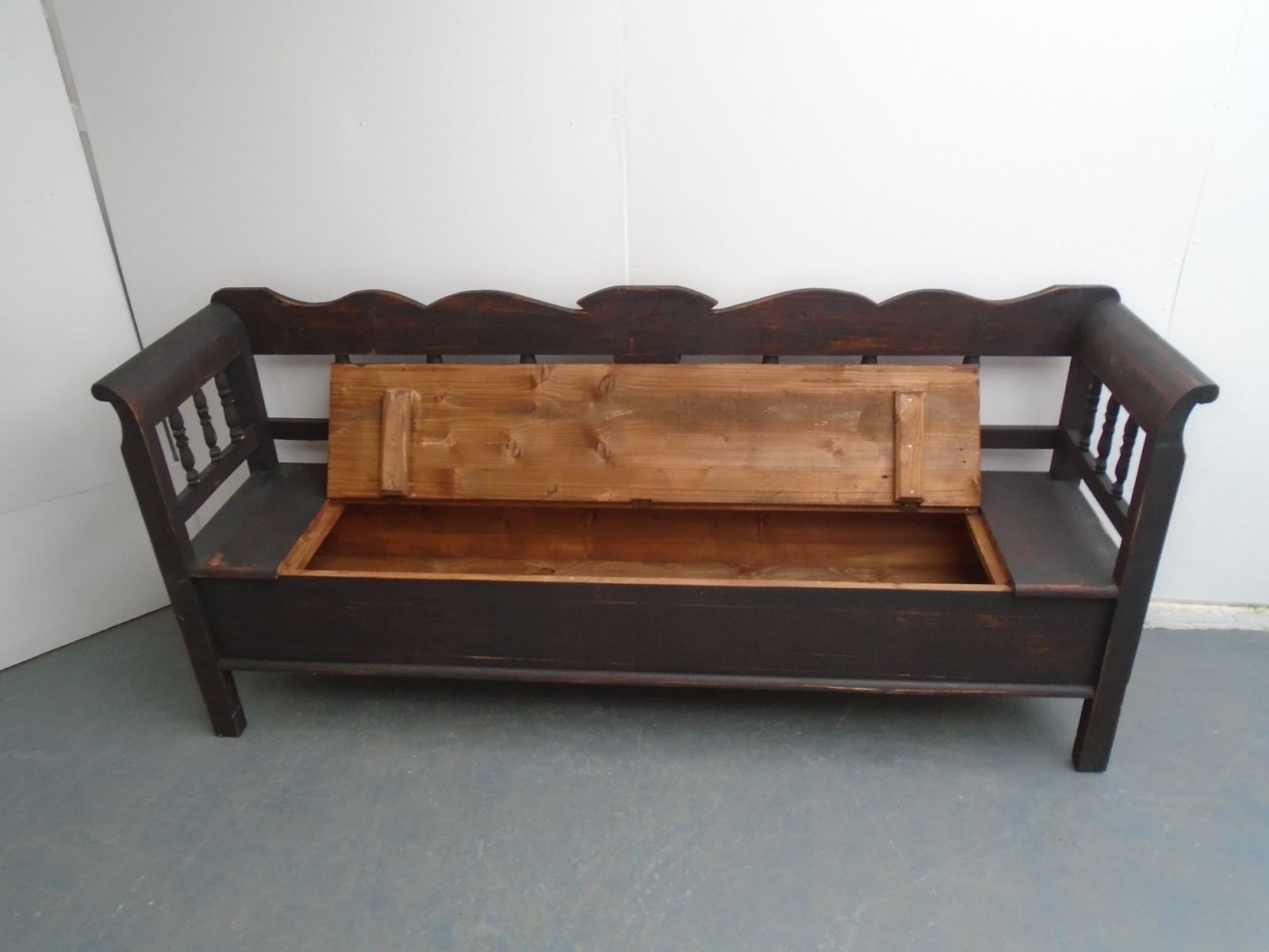 A Black & Red Columned Antique Pine 3 To 4 Seater Bench photo vintage