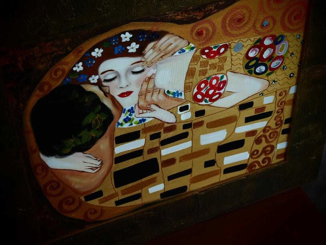 Captivating Hand Painted Oil On Canvas – "The Kiss" Inspired By Gustav Klimt   Klimt Inspired, Hand Painted, Oil On Canvas, Romantic Art photo for sale