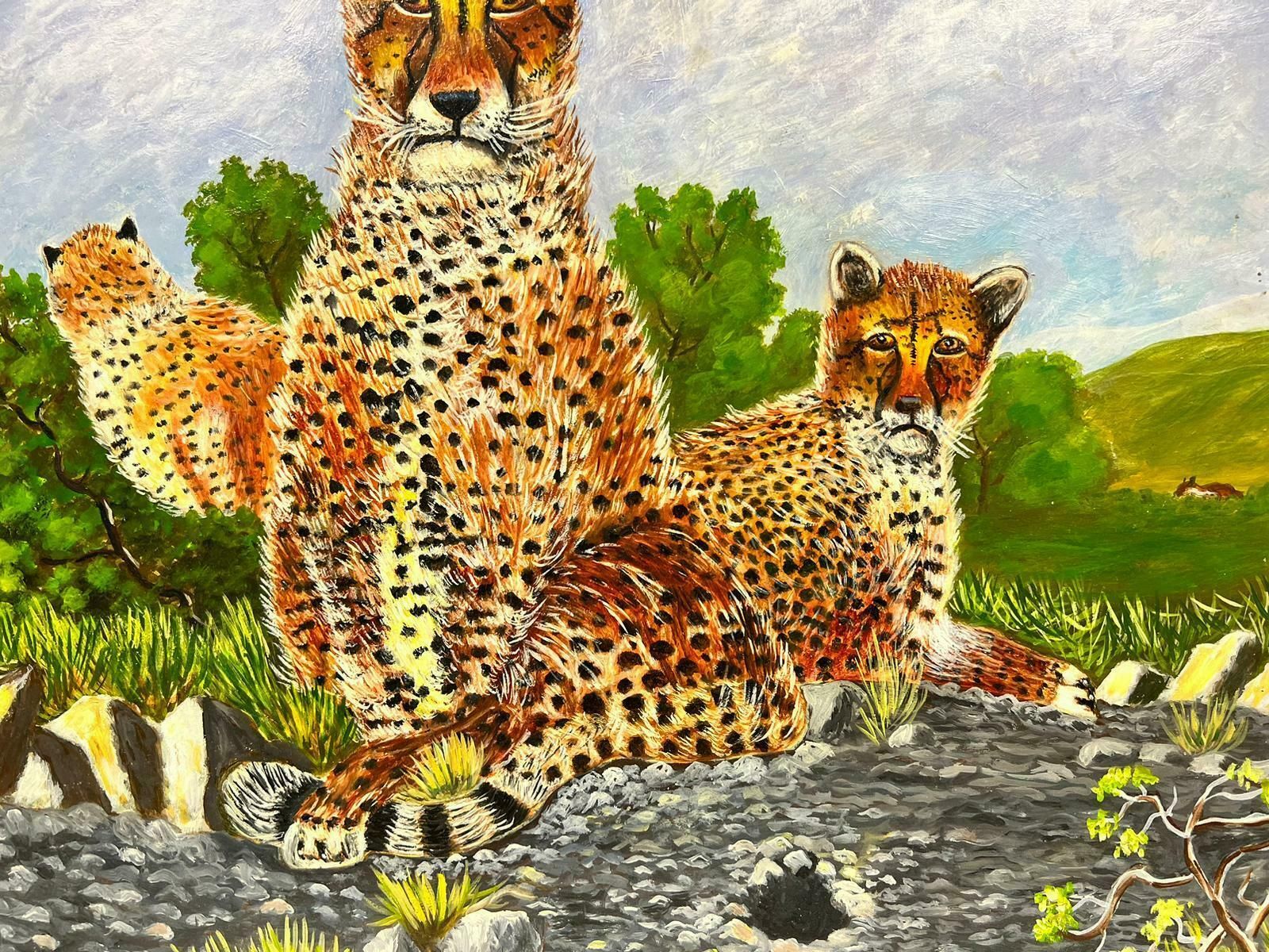 Ben Powellcontemporary British Acrylic Painting Leopard Family In Landscape photo Art