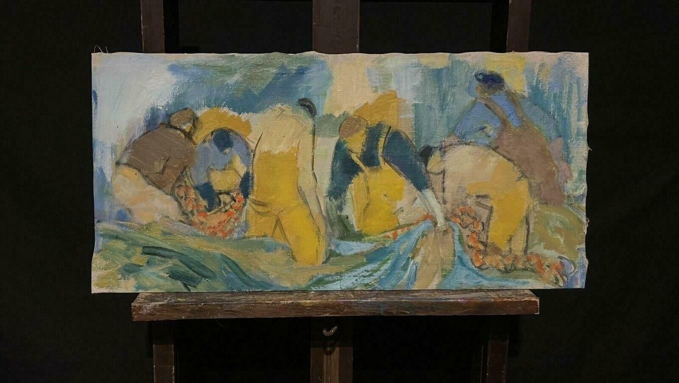 French Schoolmid Century French Post Impressionist Oil, Fishermen Tending Their Nets photo furniture