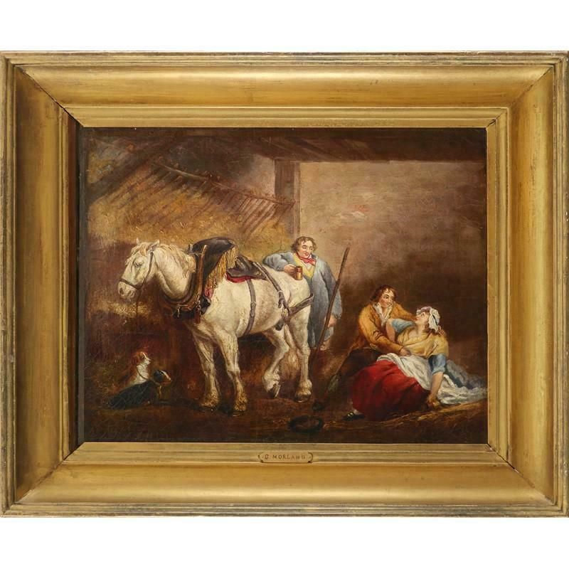 Early 1800's English Oil Painting The Country Stable Groom Horse & Figures photo furniture