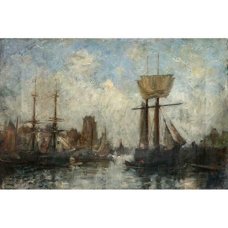 James Levin Henry (1855 1929) Impressionist Oil, Shipping In A Busy Port