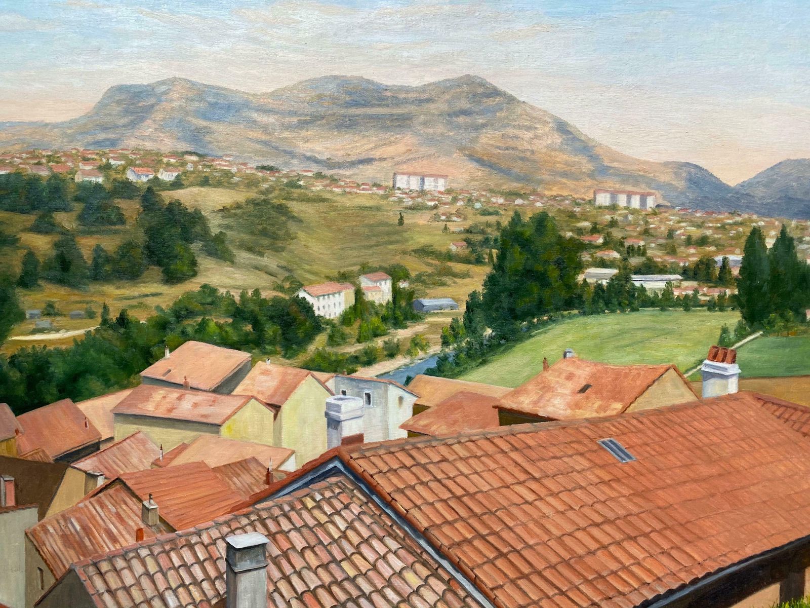 Yvette Bossierevery Large French Impressionist Oil View Over Occitanie Rooftop Village Landscapc. 1970's photo furniture