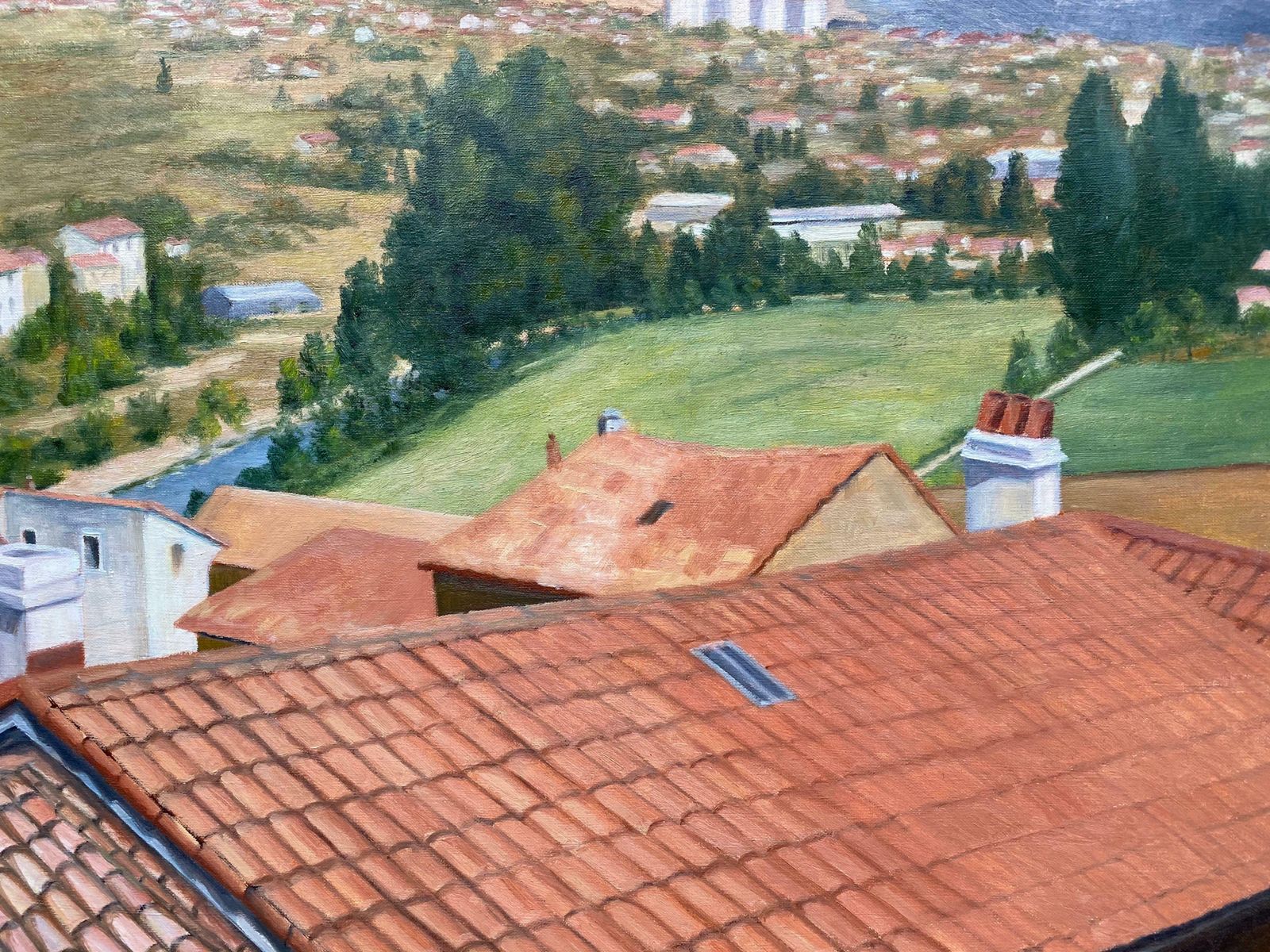 Yvette Bossierevery Large French Impressionist Oil View Over Occitanie Rooftop Village Landscapc. 1970's photo 1787.0