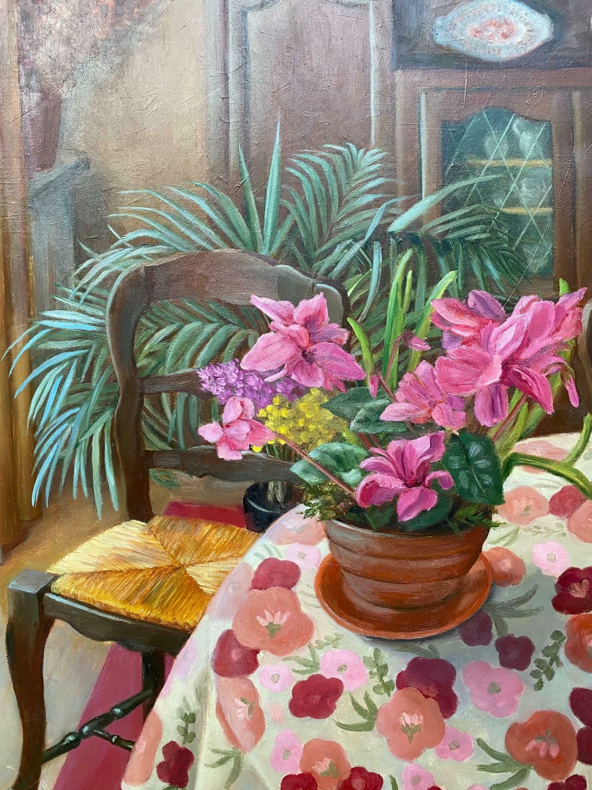 Yvette Bossierelarge French Signed Oil   Colorful Interior Room Setting With Pink Flowers20th Century photo for sale