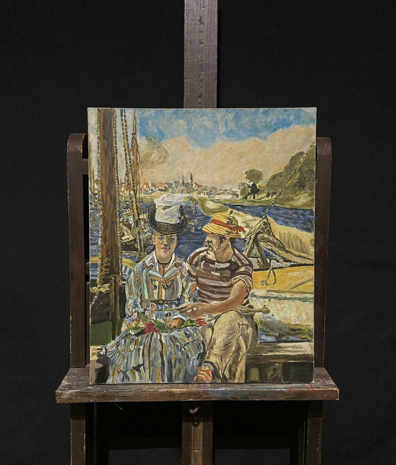 French Impressionist Large French Impressionist Oil After Manet Figures Sitting By Boats On River photo furniture