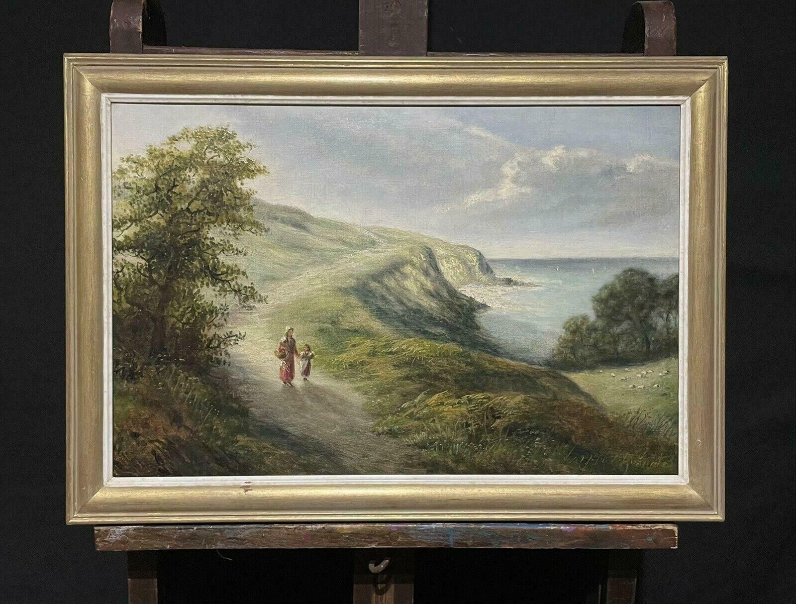 Antique English Mother & Daughter Walking Coastal Pathway, Antique English Oil Paintingc. 1900 photo furniture