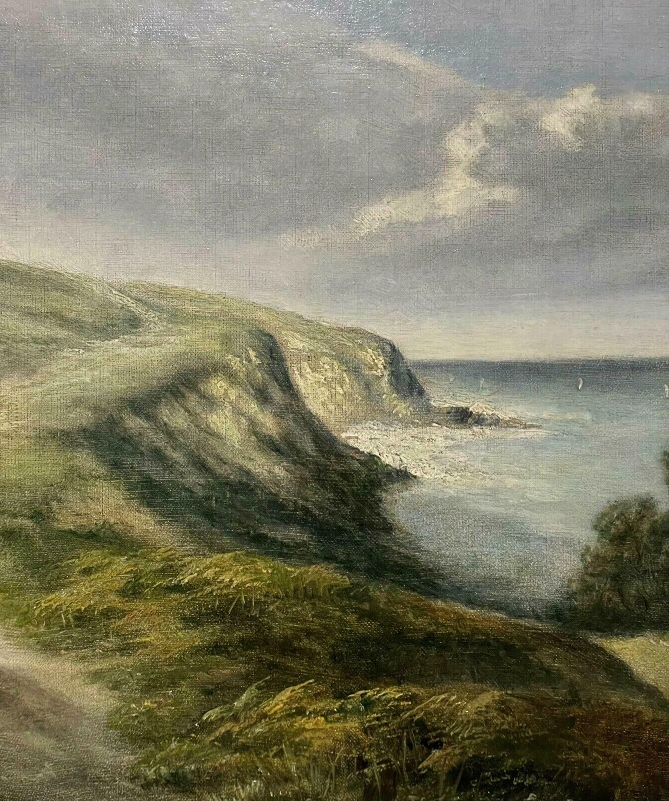 Antique English Mother & Daughter Walking Coastal Pathway, Antique English Oil Paintingc. 1900 photo for sale