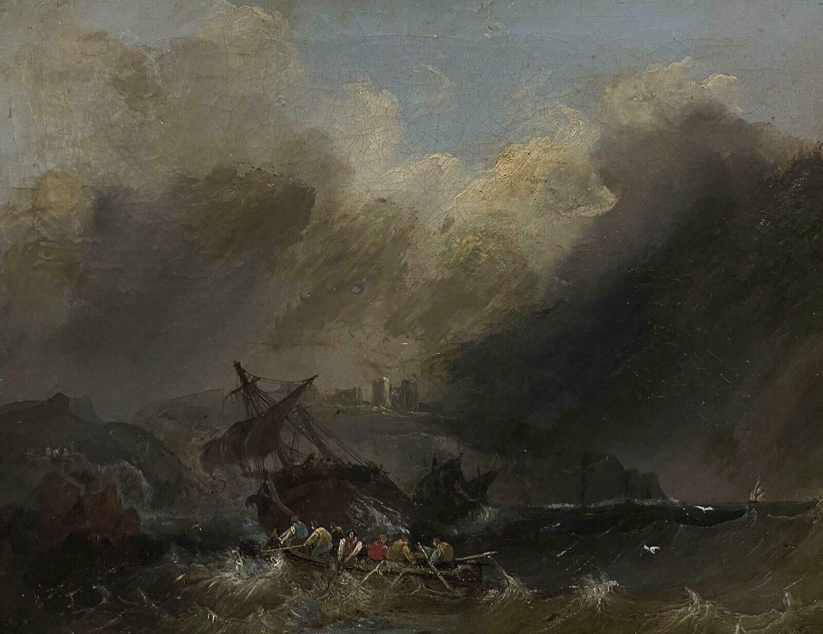 British Victorianantique British Marine Oil Painting Sailors In A Shipwreck Storm Off The Coast photo for sale