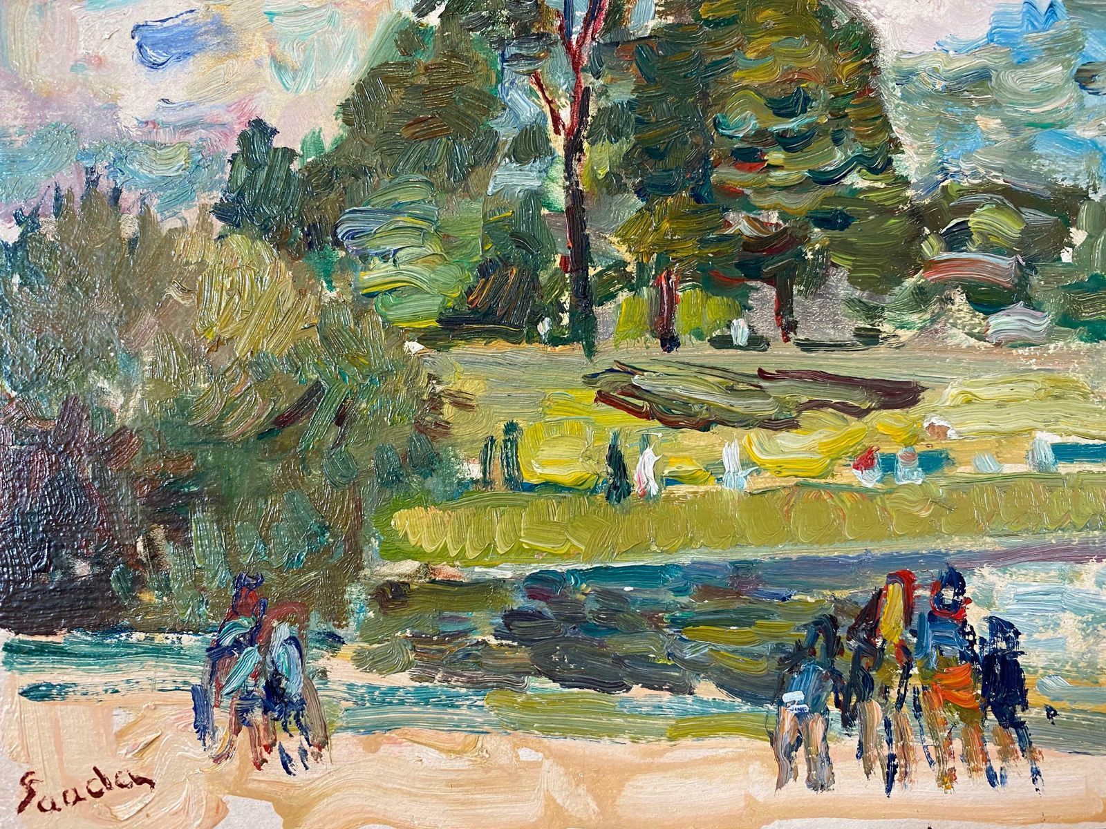 Saddawalk In The Park French Impressionist Landscape, Signed Oil Paintingc. 1980's photo furniture