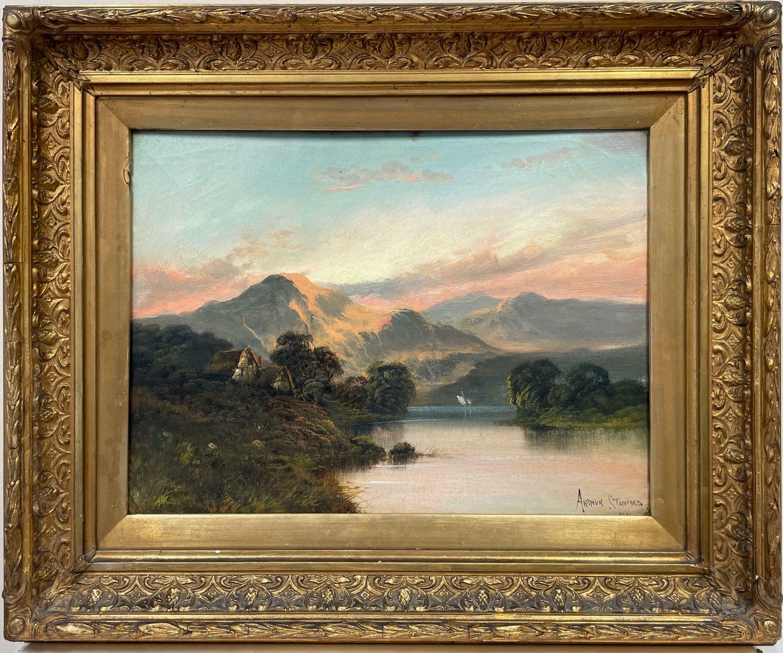 Arthur Stanfordantique Scottish Highlands Oil Painting Sunset Over The Loch, Signed & Framed
