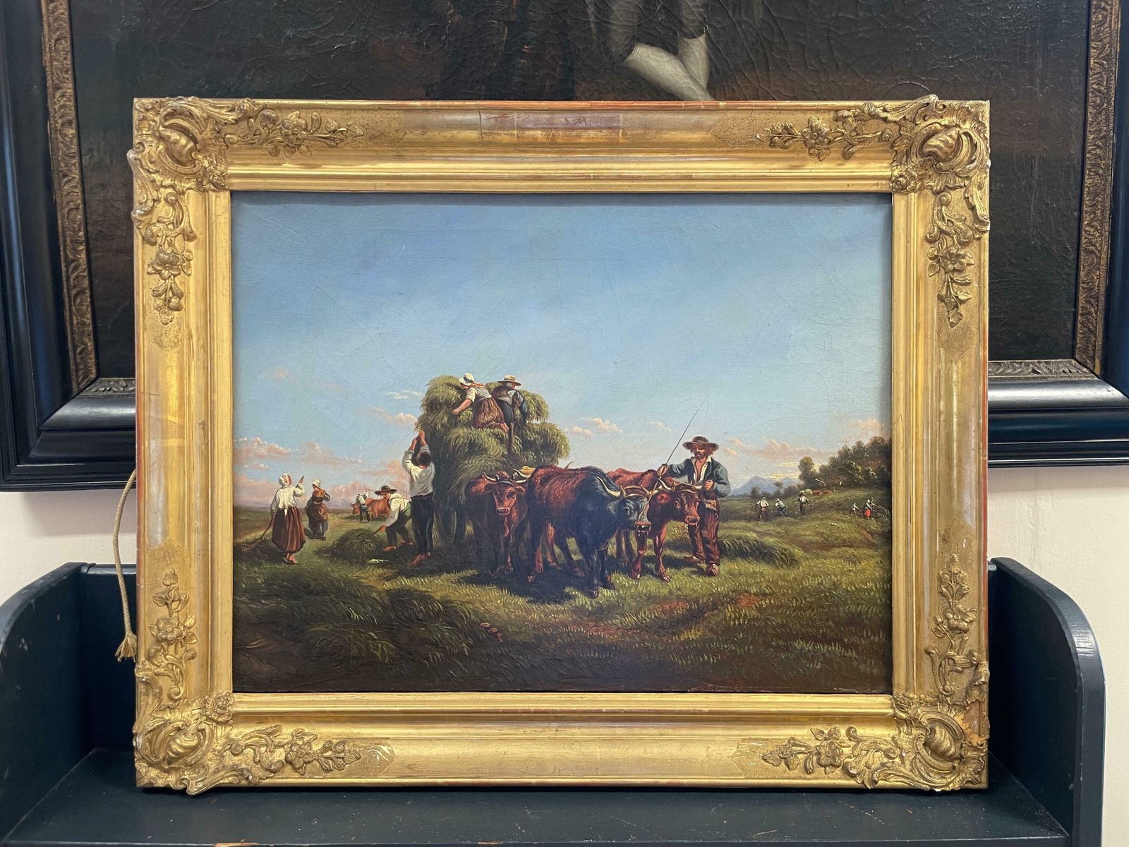19thc Frenchharvest Workers Loading Hay Cart In Summer Fields, 19th Century French Oil 19th Century photo furniture