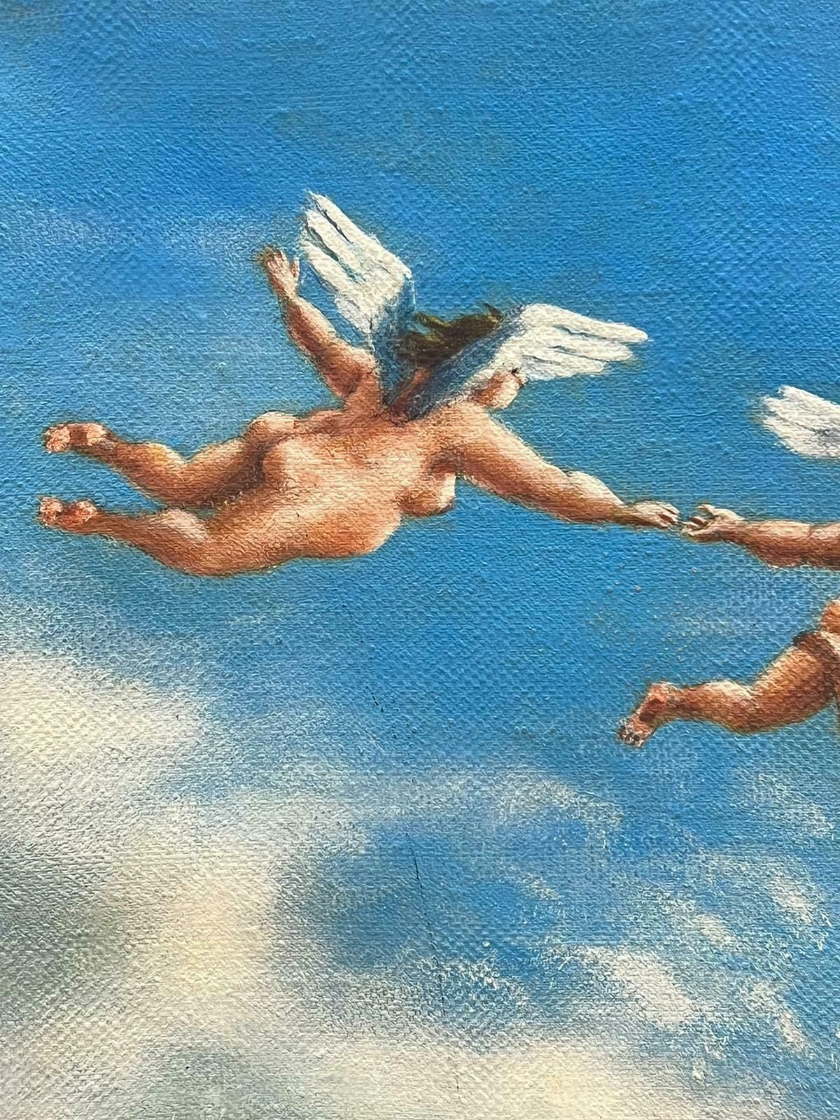 French Schoolfrench Surrealist Oil Winged Cherubs Flying Through Clouds photo for sale