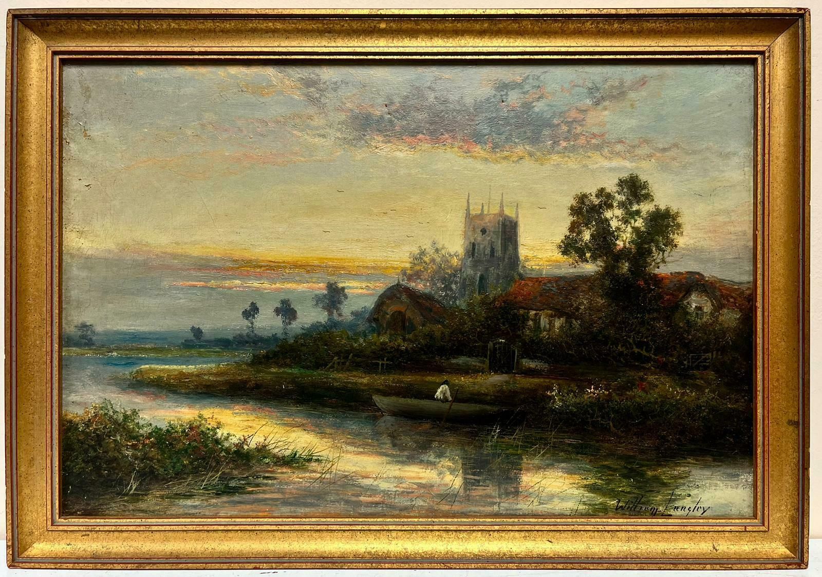 William Langleyfine Edwardian English Oil Painting River Landscape With Church At Sunset